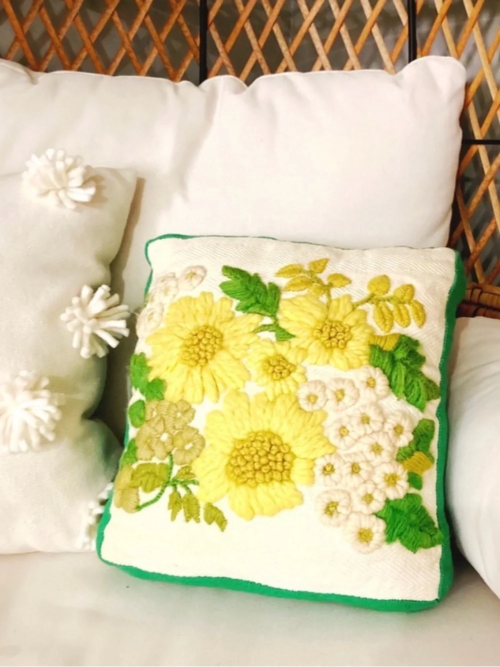Vintage Cottagecore Chunky Crochet Crewel Floral Throw Pillow